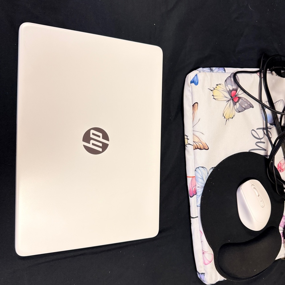 HP White Laptop with Butterfly Print Sleeve and White Wireless Mouse